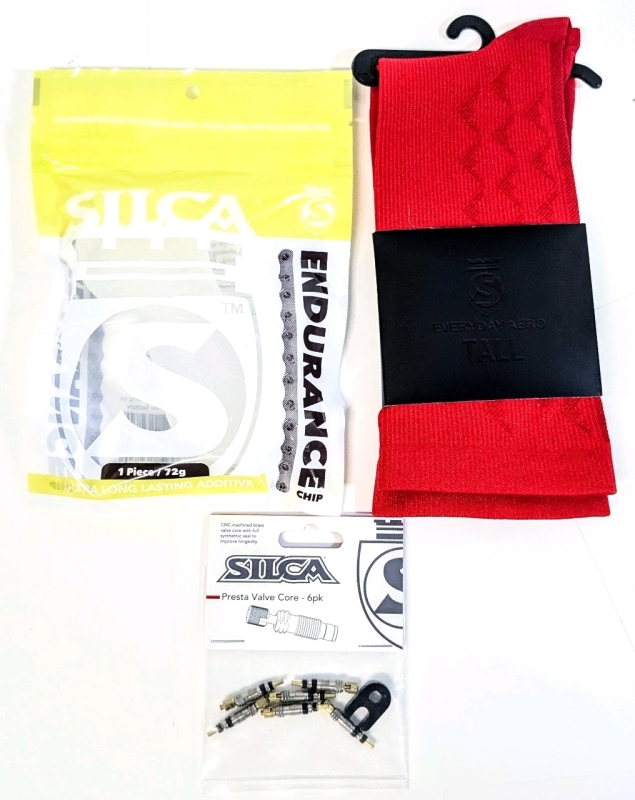 3 New SILCA Bicycle Products: Replacement Presta Valve Core (set of 6), ENDURANCE CHIP Wax Additive 72g & Size MED (38-41) Everyday Aero Tall Socks | Over $60 Retail Value!