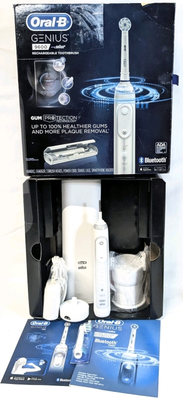 ORAL-B Genius 9600 Rechargeable Bluetooth Toothbrush with Handle, Charger, Power Cord, Travel Case, Smartphone Holder & 1 New Brush Head