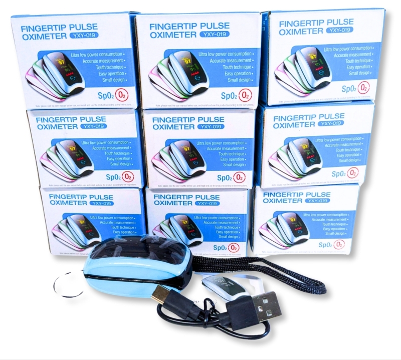 9 New Wireless Rechargeable Fingertip Pulse Oximeters, Blood Oxygen Saturation Monitors with Portable Digital Reading LED Display and Lanyard | Over $90 Retail Value!