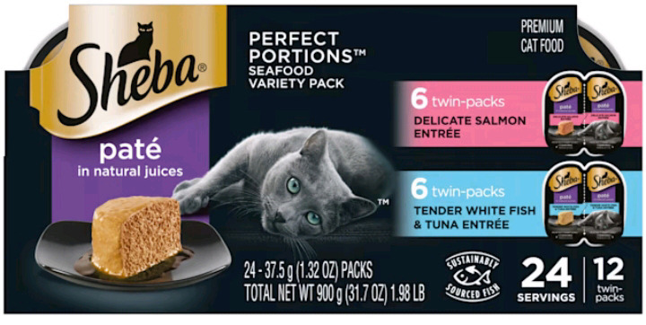 12 New | Twin Packs of Sheba Pat&eacute; Premium Cat Food | 6 Salmon & 6 White Fish & Tuna