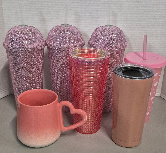 7 New Bling/Pink Tumblers & Mug- Tallest is 9.5"