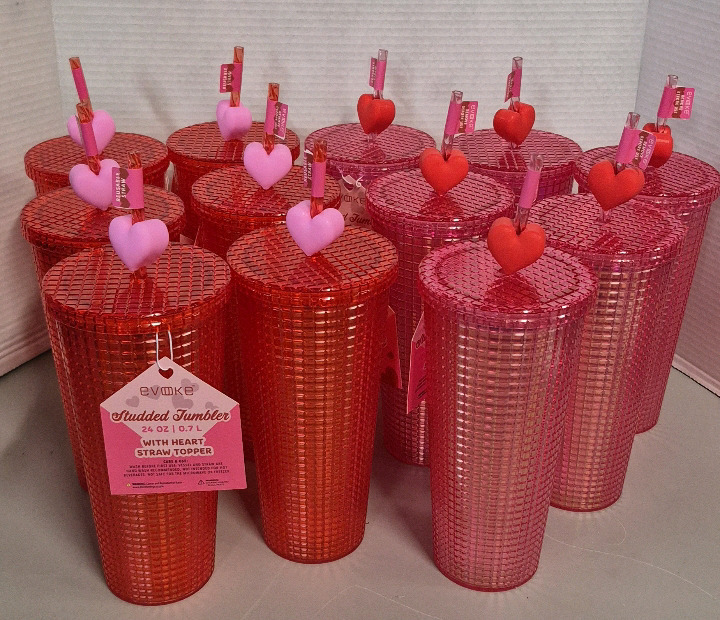 12 New Studded Tumblers with Heart Straw Toppers 24oz Each 8" Tall