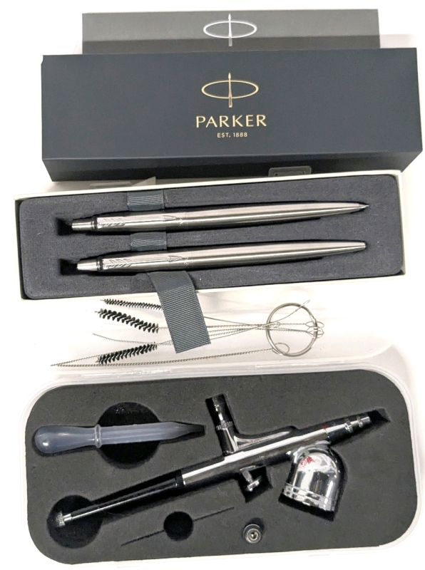 TIMBERTECH Pro Elite Airbrush 7ml AG-130 & As-New PARKER Jotter Duo Blue Ink Ballpoint Pen & Mechanical Pencil (0.5mm) | Stainless Steel with Chrome Trim