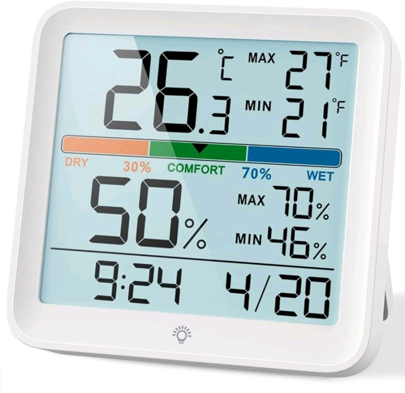As-New MEESMEEK Digital Thermometer Indoor Hygrometer: Accurate Temperature Humidity Monitor with Date Backlight Comfort Indicator and 24 Max Min Records, Calibratable Humidity Meter for Home & Garage