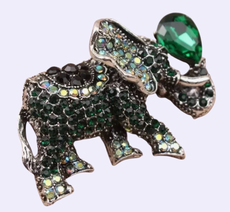 Dimensional Elephant Brooch Green Rhinestone Detailing Trunk Up Holding Emerald Green Cab Teardrop<br/>Approximately 1.4 x 2.2 Inch