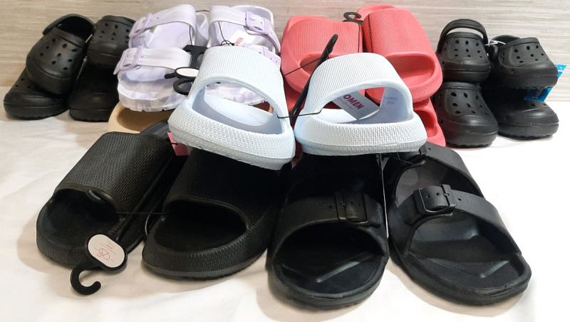 11 New Pairs of Childrens and Adults Sandals & Croc (style), S, M, & L Sizes