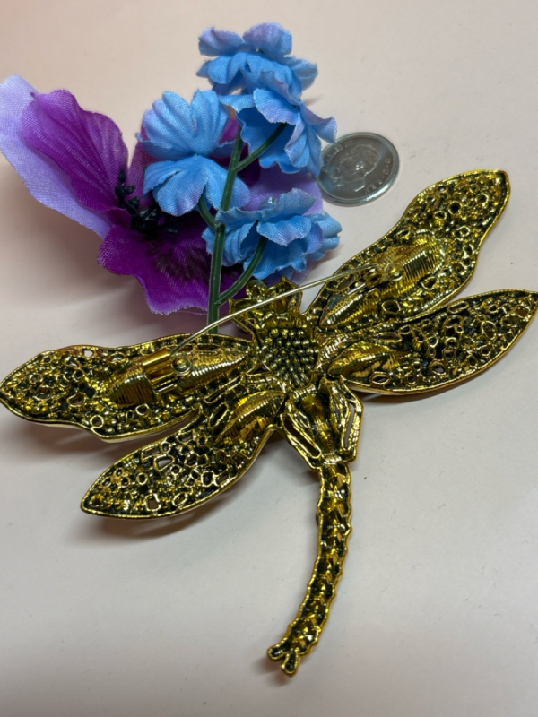 Beautiful Statement Vintage-Style Crystal Dragonfly Brooch Large Faceted Cabs Rhinestones<br/>Approximately 2.5 x 4 Inches