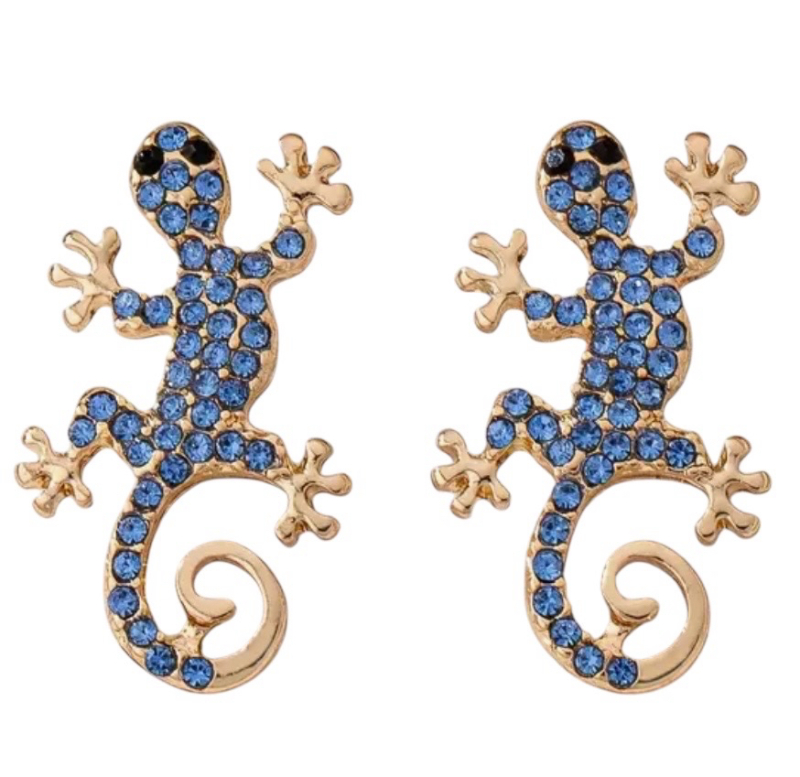 Lizard Gecko Stud Pierced Earrings 14K Gold Plate Rhinestone Mosaic Stainless Steel Ear Post Approximately 1.25 x .7 Inch