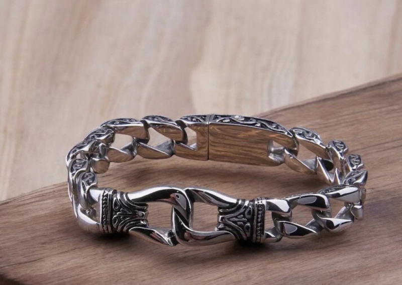 Stainless Steel 201 Vikings - Inspired Curb Chain Intricate Celtic Side Knot Drsign Bracelet Approximately 8.25 Inch Slide In Clasp