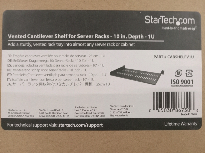 As New | StarTech Vented 10" Cantilever Shelf for Serever Racks - 1U