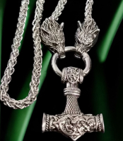 Vintage Thor's Hammer Sturdy Pendant Wolf Head Necklace Pendant Approximately 2 Inch Hammer 24 Inch Chain