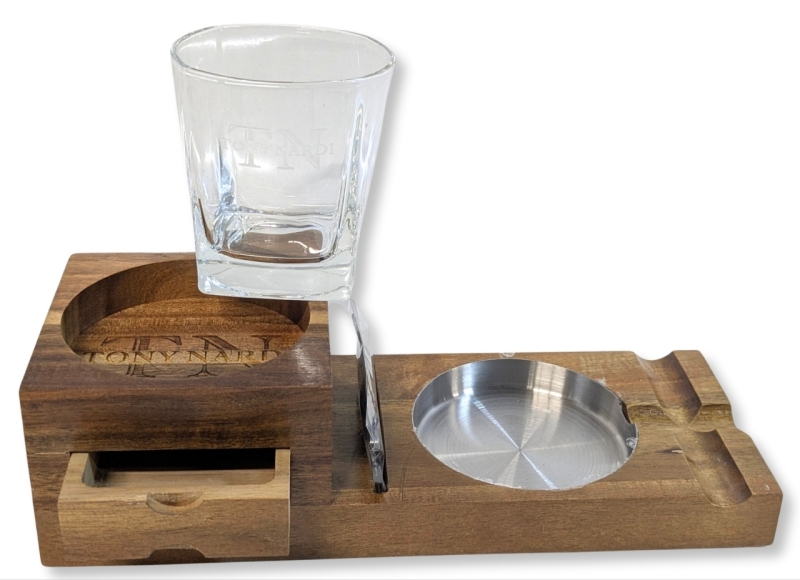New TONY NARDI Wood Cigar & Whiskey Station with Built-In Cigar Holder, Ashtray, Drawer, Cigar-Cutter & Engraved Glass | Station 4" &times; 11" &times; 3" Tall