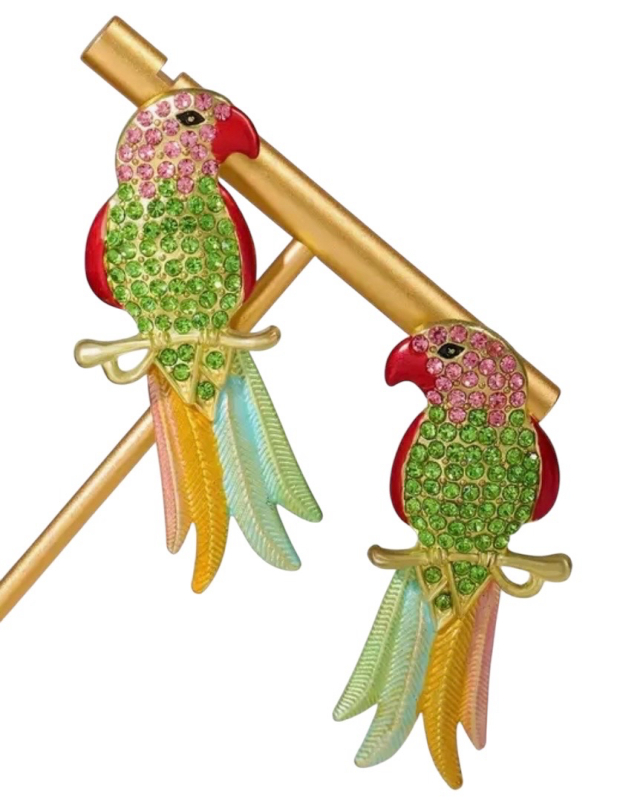 Glamour Parrot Rhinestone Embellished Drop Pierced Earrings Approximately 2 x .8 Inch