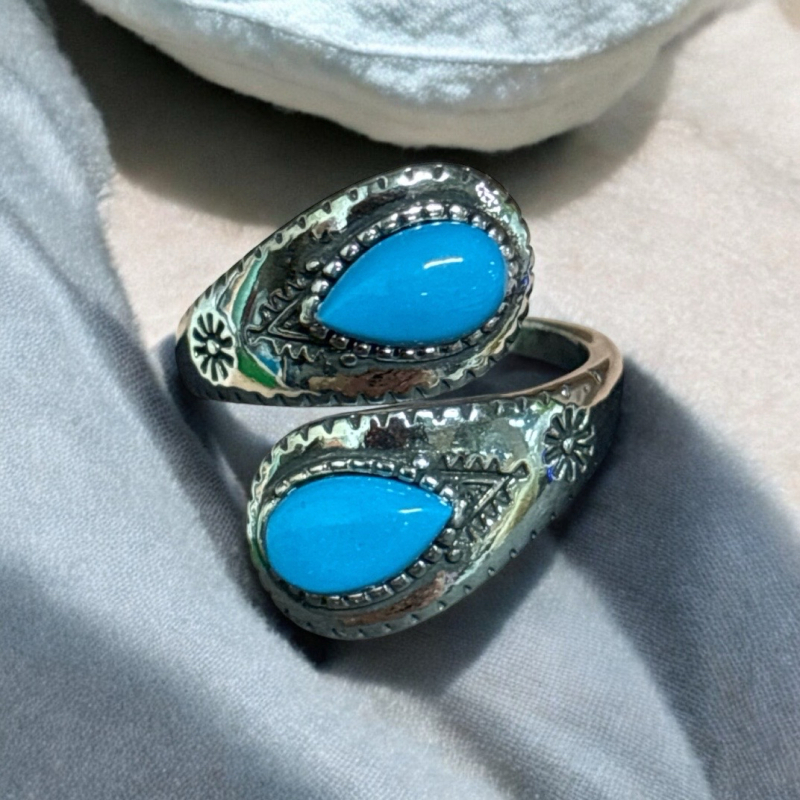 S925 Silver Bypass Adjustable Ring with Turquoise Stone Western Style<br/>Adjustable Stamped