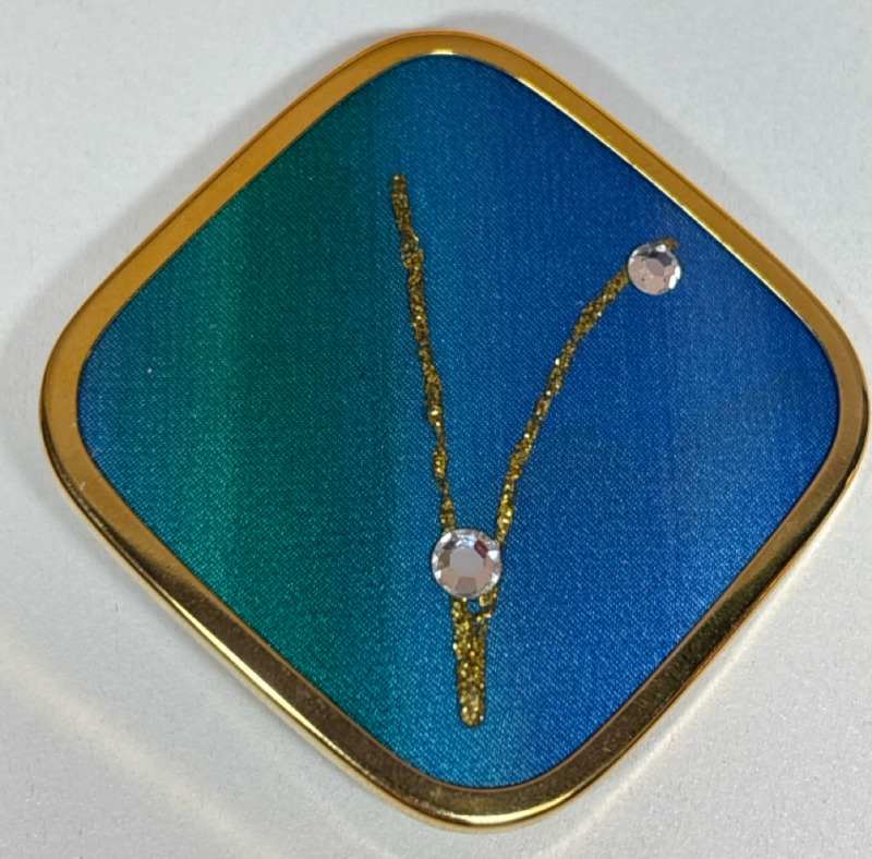 Beautiful Signed UHLIG Danish Turquoise Silk Brooch Crystal Beads and Embroidery Diamond Shaped Signed Approximately 1.95 x 1.95 Inch Vintage
