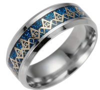 Ring Stainless Steel Freemasonry Emblem Blue Background Size 11