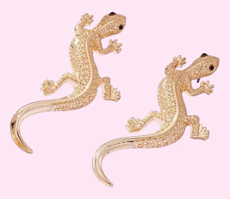 Elegant Lizard Stud Pierced Earrings 14K Gold Plate Textured Stainless Steel Ear Post Approximately 1.25 x .7 Inch