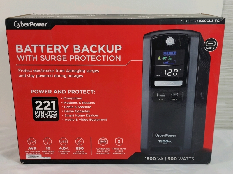 New - CyberPower Battery Backup w/Surge Protection , 1500VA / 900watts . Model # LX1500GU3-FC . Outlets :<br/>10 (5 surge, 5 surge + battery backup) , USB Charging :<br/>1 USB-A, 1 USB-C (4.0A/20W) . Retail $200