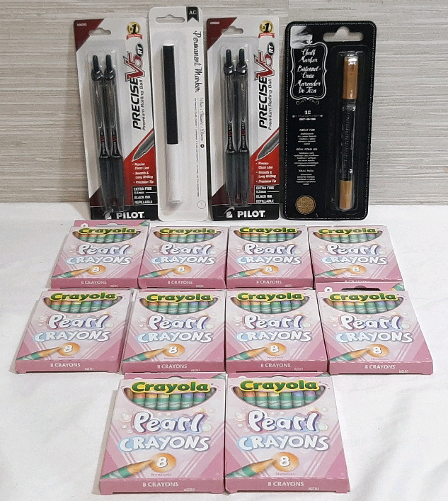 2 Packs of PreciseV5RT Refillable Black Ink Pens, Gold Chalk Marker, White Permanent Marker & 10 Packs of Crayola Pearl Crayons