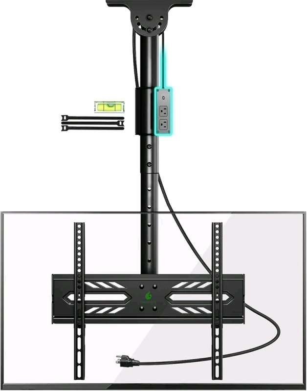 New In Box Greenstell Ceiling TV Mount with Power Outlet, TV Mount for 26''-65'' TVs, TV Ceiling Mount with 900J Surge Protection, Swivel, Tilt and 6 Height Adjustable, Max VESA 400x400mm, Holds up to 110LBS