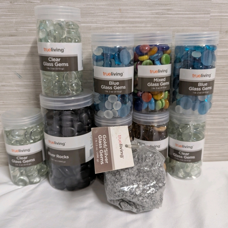 10 New Packages of Glass Gems. Assorted Styles. Lightest package Weight 465g.