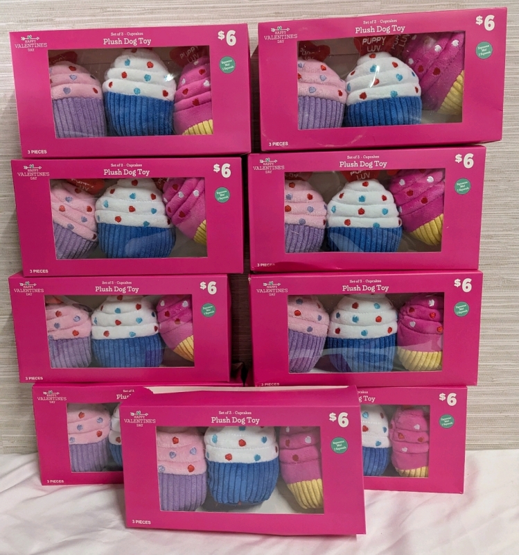 27 (9 Sets of 3) New Plush Dog Cupcake Toys. Approximately 4" Tall.