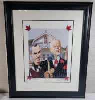 Signed & Numbered Print - Don Cherry & Ron MacLean " Canadian Gothic " by Canadian Artist Rob McDougall , Signed & Numbered Framed Print plus Mpeg DVD . Signed by Don Cherry , Ron MacLean & Rob McDougall . Measures 28.5"&times;35" .