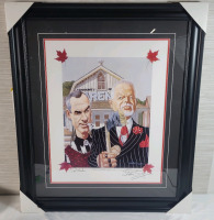 Signed & Numbered Print - Don Cherry & Ron MacLean " Canadian Gothic " by Canadian Artist Rob McDougall , Signed & Numbered Framed Print plus Mpeg DVD . Signed by Don Cherry , Ron MacLean & Rob McDougall . Measures 28.5"&times;35" .