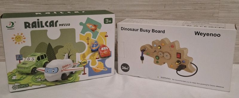 New in Box | 2 Toys- Rail Car Puzzle & Dinosaur Busy Board