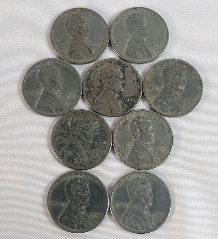 1943 USA Steel Pennies . Nine (9) Pennies . Seven (7) Philadelphia Mint & Two (2) San Francisco Mint
