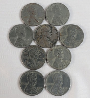 1943 USA Steel Pennies . Nine (9) Pennies . Seven (7) Philadelphia Mint & Two (2) San Francisco Mint