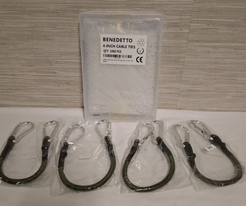New 4Pcs Bungee Cord with Carabiner Clip Elastic Rope (Length - 14") and 1000pcs in Box 4" Cable Ties in Box<br/>