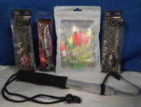 4 New Packs of Variety Fishing Lures and Fishing Gaff Stainless Aluminum Alloy Outdoor Telescopic Spear Hook | Largest Item Measures 12"