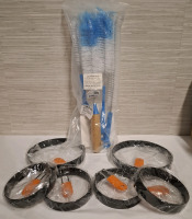 New 6pcs Egg/Pancake Rings Combo Set (Stainless Steel with Silicone Handles) | 5 Bottle Cleaning Brushes (Sealed)