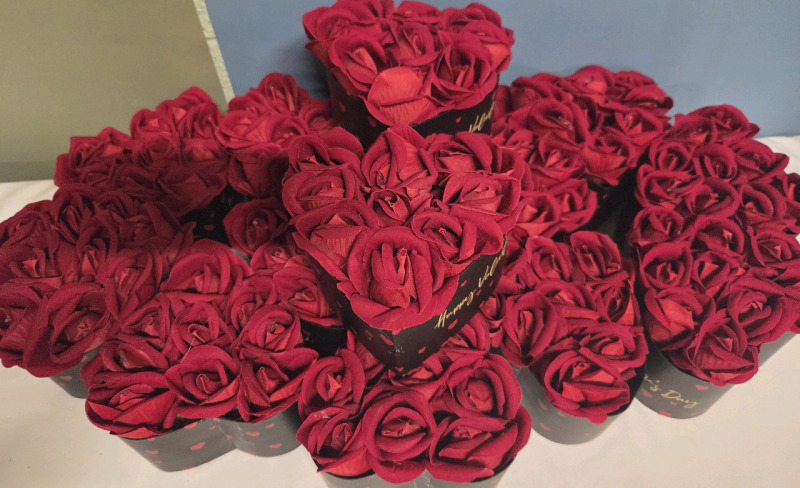12 New | Heart Shaped Home Decor Boxes w/ 9 Faux Roses Each | Ea. Box Measures 5" x 3"