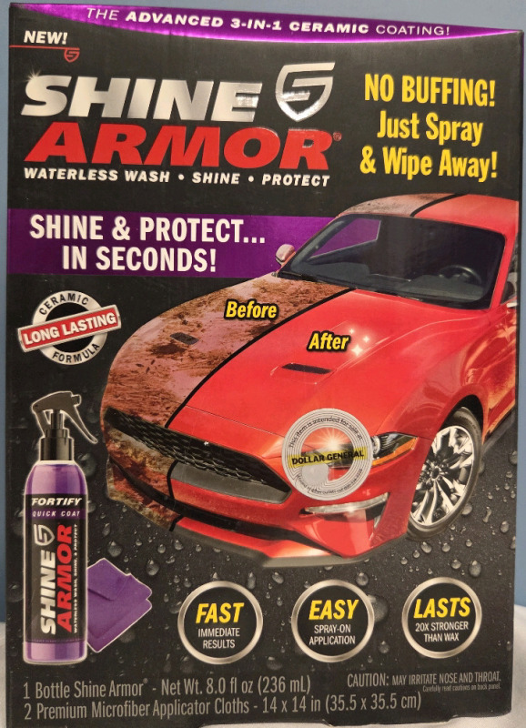 New | Shine Armour Waterless Wash Shine & Protect 236mL & 2 Premium Microfiber Cloths 14" x 14"