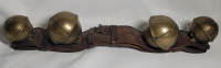 Vintage Brass Sleigh Bells on Leather Strap , Bells Meas. 2.5" & 3 1/4" Diameter