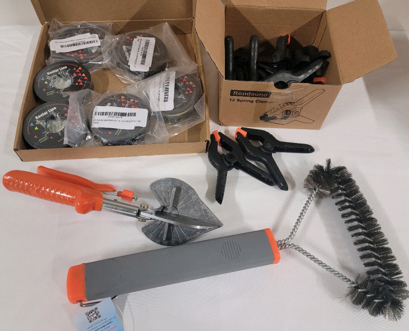 New - Household Tool Lot . BBQ Cleaner , Tin Snips , Small Spring Clamps , and Kevlar Line .