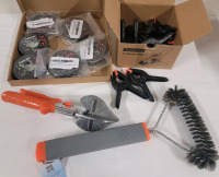New - Household Tool Lot . BBQ Cleaner , Tin Snips , Small Spring Clamps , and Kevlar Line .