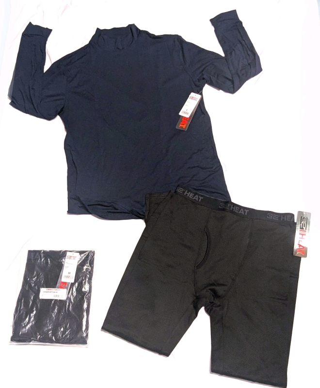 3 New Size MED/LG Men's 32 DEGREES Clothing : 2&times; Black Long Underwear (MED) & 1&times; Stormy Night Long-Sleeve Mock Turtleneck (LG)