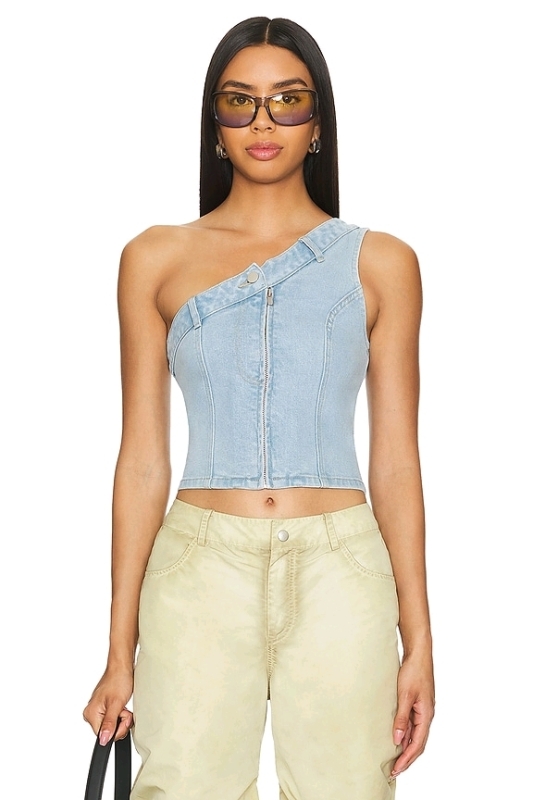 New Size XS Women's SUPERDOWN Nilay Asymmetrical Jean Top : Mid Wash