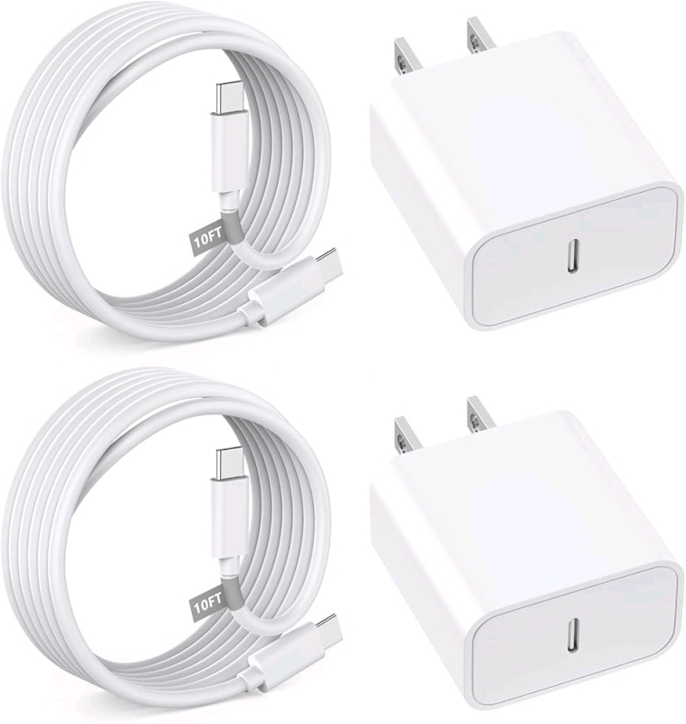 New 4-Piece Fast Charging 20W USB-C Wall Charger Blocks and 10ft Type C to C Cables for Android, iPhone 15/15 Pro/15 Pro Max, iPad Pro, iPad Air 5/4, iPad 10/Mini 6 + More