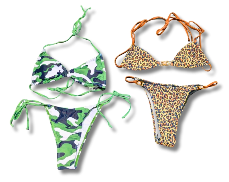 2 New Pairs Size SMALL Women's String Bikinis - Camo & Faux Pearl Detail Leopard Print