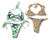 2 New Pairs Size SMALL Women's String Bikinis - Camo & Faux Pearl Detail Leopard Print