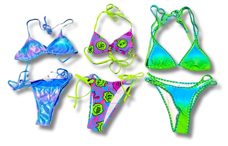 3 New Pairs Size SMALL Women's String Bikinis - Iridescent, Trippy Neon & Green Blue Gradient