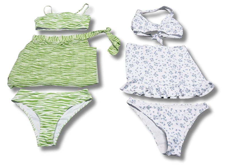 2 New Size LARGE Women's 3pcBathing Suits : Green Zebra Stripe Bikini Set with Long Sheer Wrap & Floral Bikini Set with Skirt