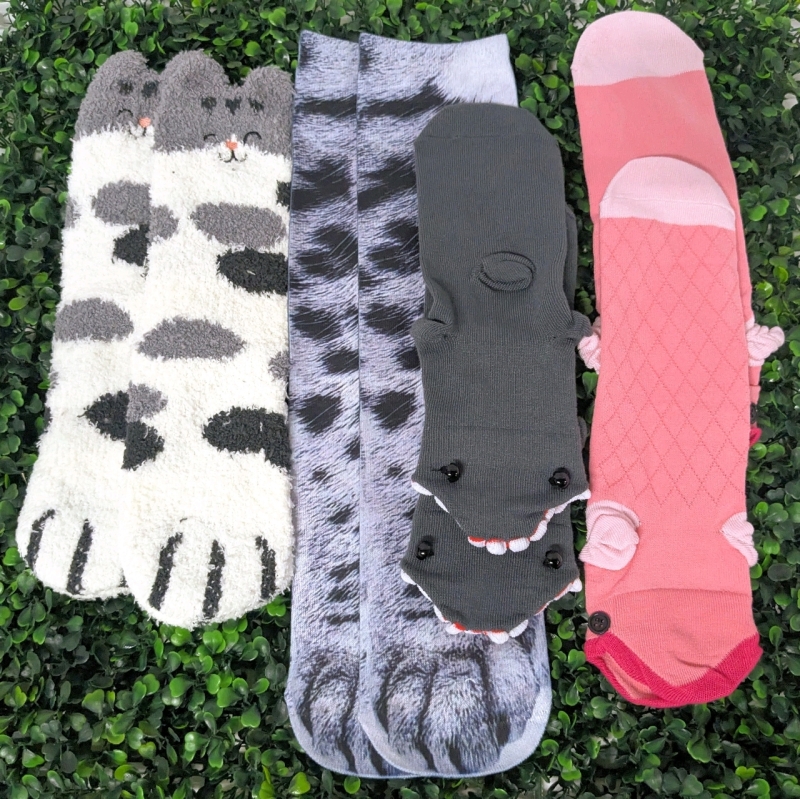 4 New Pairs One Size Fits Most Novelty Socks, Printed Kitty Paws, Fuzzy Cat Paws Face, Derpy Toothy Shark & Derpy Pink Fish/Axolotl