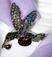 Beautiful Purple Hummingbird Brooch with Sparkling Blue Purple and AB Rhinestones and Cab Rhinestone Gemstones Approximately 2 x 2 Inch