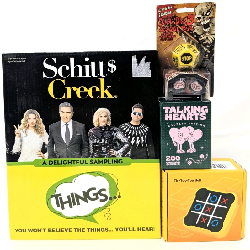 3 New Games + 1 New Expansion: SCHITT$ CREEK Things..., Tic Tac Toe Bolt Electronic, Talking Hearts Couples Edition & Zombie Dice 3 : School Bus