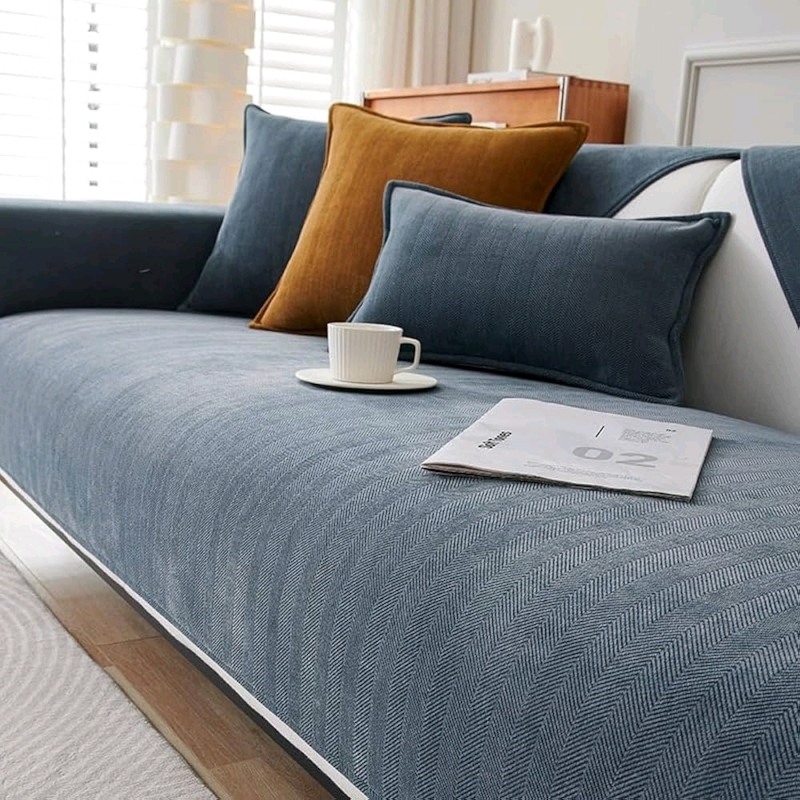 New FUNNY FUZZY No-Slip Herringbone Chenille Fabric Sheet-Style Couch Cover (Greyish Blue) 35.4" &times; 70.9" | Retails $49.89